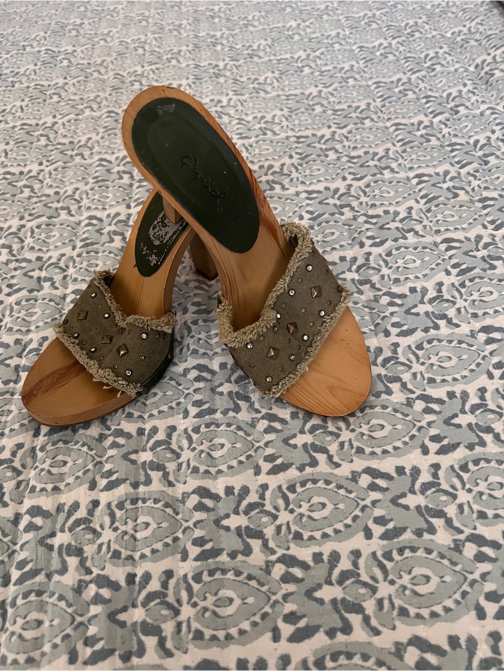 Qupid Olive Green Studded Fringe Slide Heels